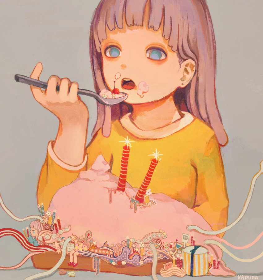 1girl abstract blue_eyes candle food food_on_face grey_background highres kapura long_hair long_sleeves open_mouth original purple_hair shirt signature simple_background solo spoon upper_body yellow_shirt
