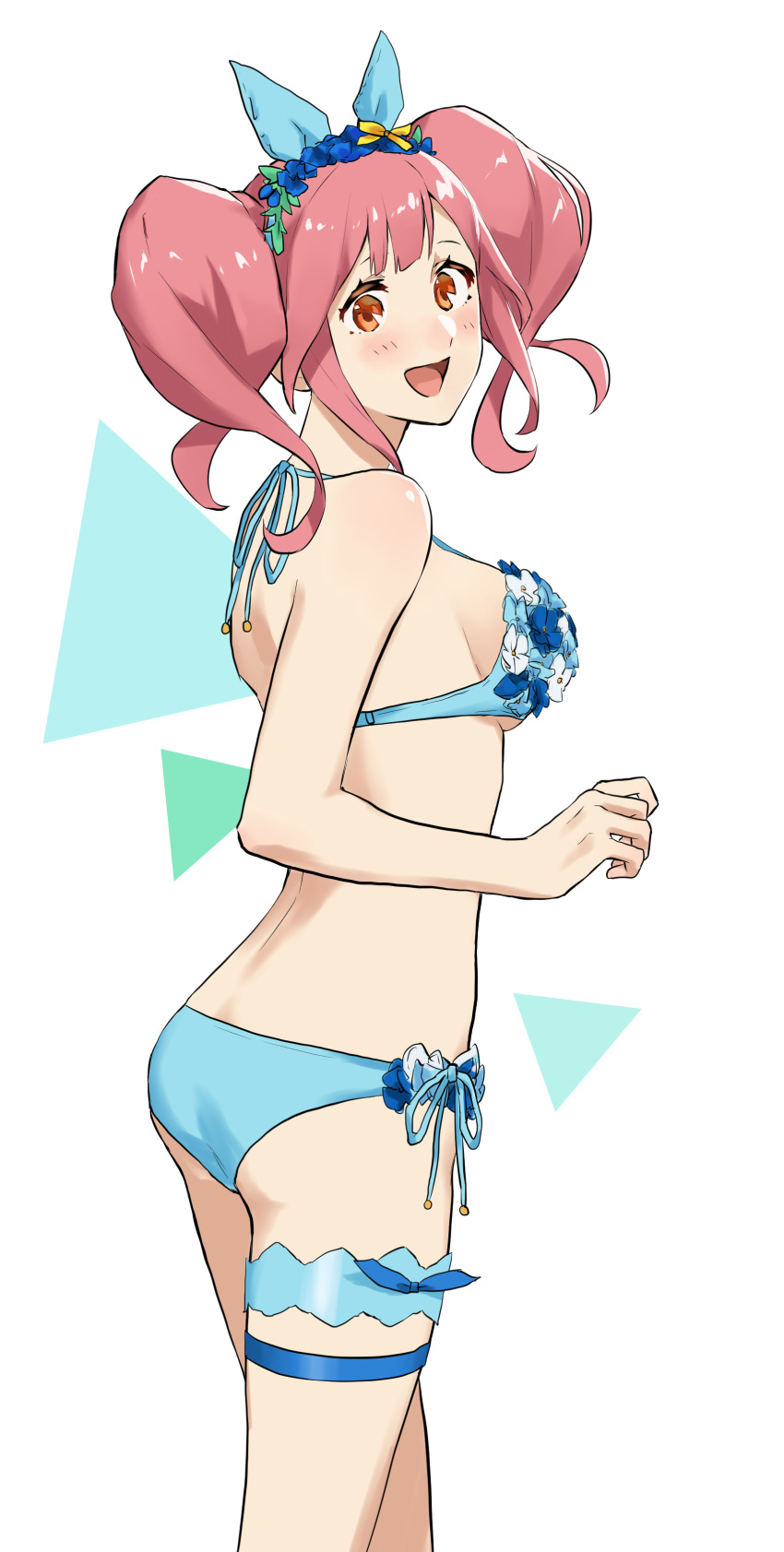 1girl :d absurdres bikini blue_bikini blue_bow blue_flower blush bow breasts floating_hair flower from_side hair_bow hair_flower hair_ornament head_wreath highres long_hair looking_at_viewer looking_back macross macross_delta makina_nakajima medium_breasts open_mouth orange_eyes pink_hair pote-mm shiny shiny_hair shiny_skin side-tie_bikini sideboob simple_background smile solo standing swimsuit thigh_strap under_boob white_background