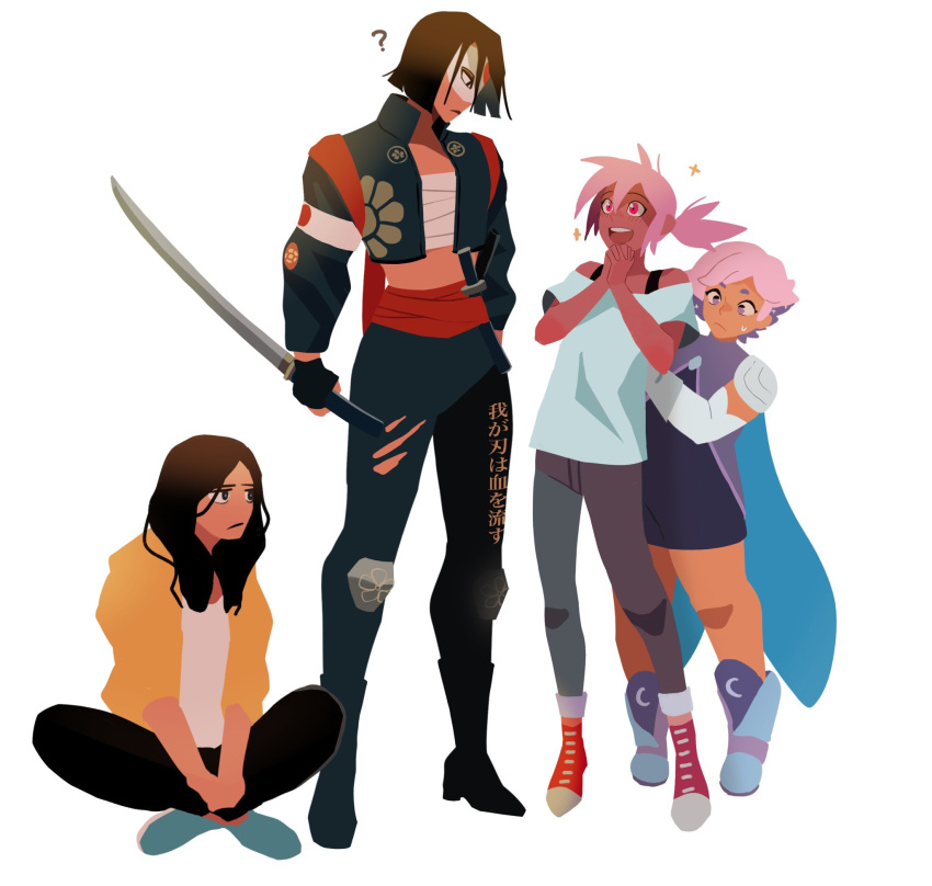 4girls ? crossover glimmer_(she-ra) highres holding holding_sword holding_weapon katana katana_(dc) kipo_and_the_age_of_wonderbeasts kipo_oak multiple_girls seiyuu_connection she-ra_and_the_princesses_of_power sitting sparkle standing suicide_squad sweatdrop sword takamizo the_boys the_female_(the_boys) weapon white_background