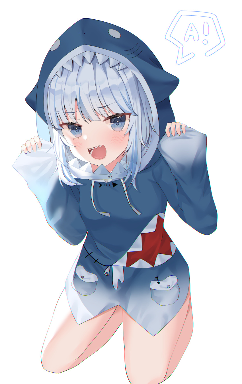 1girl :d absurdres animal_hood bangs blue_eyes blue_hair blue_hoodie blush commentary_request eyebrows_visible_through_hair gawr_gura highres hololive hololive_english hood long_sleeves looking_at_viewer multicolored_hair nannung open_mouth shark_girl shark_hood sharp_teeth simple_background smile solo streaked_hair teeth virtual_youtuber white_background white_hair
