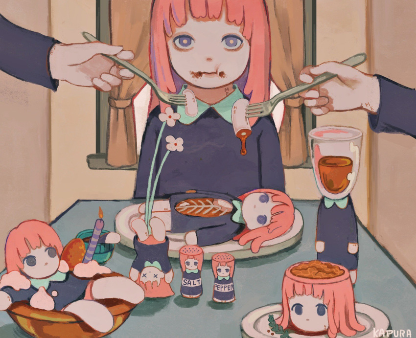 6+girls blue_eyes candle curtains flower fork highres kapura long_sleeves looking_at_viewer multiple_girls no_nose original pepper_shaker plate salt_shaker signature table upside-down white_flower window x_x