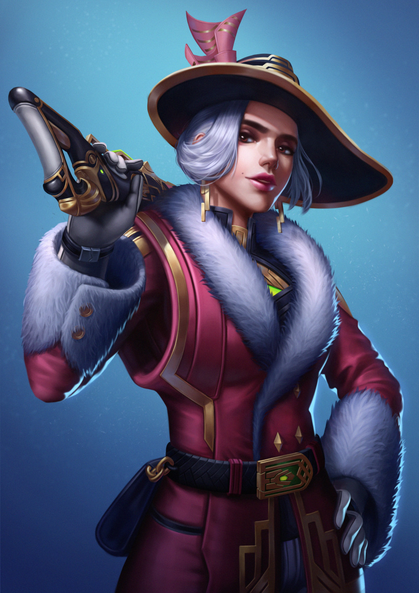 1girl absurdres alternate_costume ashe_(overwatch) belt belt_pouch brown_eyes coat commentary earrings english_commentary forehead fur_collar fur_trim gloves gun hand_on_hip hat highres holding holding_gun holding_weapon jewelry lips lipstick makeup mole mole_above_mouth nose over_shoulder overwatch pouch red_coat rifle short_hair silver_hair socialite_ashe solo tee_fuyuan thick_eyebrows weapon weapon_over_shoulder white_gloves