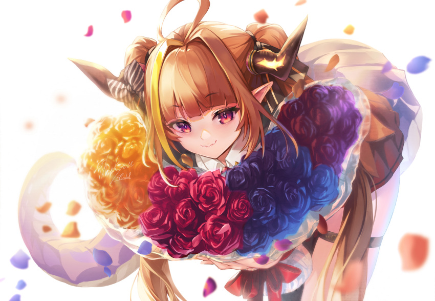 1girl ahoge bangs bent_over black_ribbon blonde_hair blue_flower blue_rose blunt_bangs bouquet bow closed_mouth collared_shirt commentary cowboy_shot diagonal-striped_bow dragon_girl dragon_horns dragon_tail eyebrows_visible_through_hair fangs flower hair_intakes hair_ribbon highres holding holding_bouquet hololive horn_bow horns kiryu_coco long_hair looking_at_viewer miniskirt multicolored_hair orange_hair petals pleated_skirt pointy_ears pondel purple_flower purple_rose ribbon rose shirt sidelocks signature simple_background single_thighhigh skin_fangs skirt smile solo streaked_hair striped striped_bow tail thank_you thigh-highs thigh_strap twintails violet_eyes virtual_youtuber white_background white_shirt yellow_flower yellow_rose