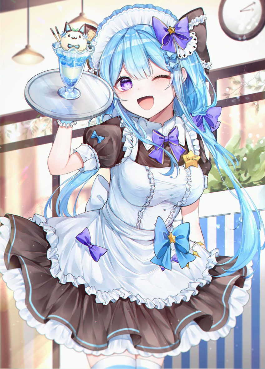 1girl apron blue_hair bow dress frilled_dress frills hair_bow headdress highres hololive indoors long_hair maid maid_apron maid_cafe maid_dress maid_headdress name_tag noyu23386566 one_eye_closed purple_hair solo standing thigh-highs twintails waitress yukihana_lamy