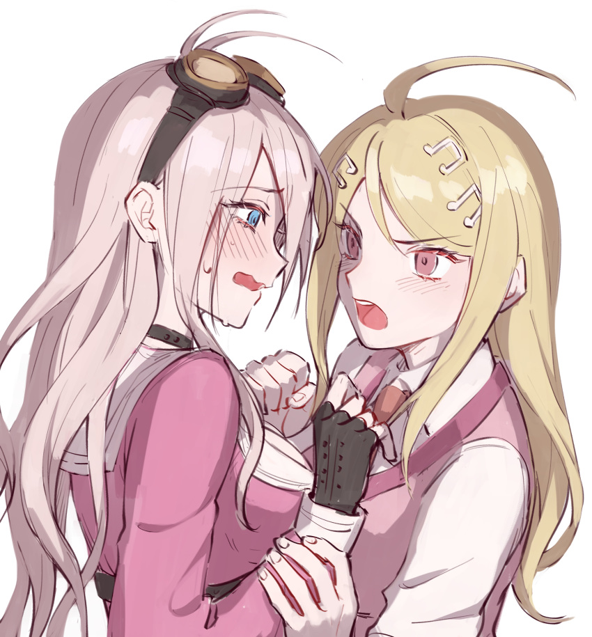 2girls ahoge akamatsu_kaede antenna_hair bangs blonde_hair blue_eyes blush breasts brown_gloves collared_shirt commentary_request dangan_ronpa ewa_(seraphhuiyu) eye_contact fingerless_gloves gloves goggles goggles_on_head highres iruma_miu large_breasts long_hair looking_at_another multiple_girls musical_note musical_note_hair_ornament necktie new_dangan_ronpa_v3 open_mouth pink_shirt school_uniform shirt simple_background sweater_vest tears upper_body white_background wrist_grab