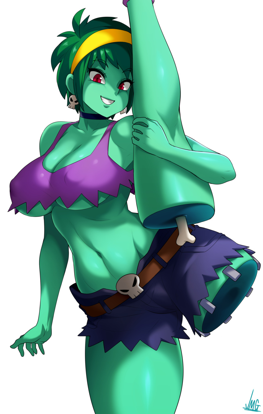 1girl blue_shorts breasts cowboy_shot crop_top earrings green_hair green_skin hairband highres jewelry jmg large_breasts midriff navel red_eyes rottytops shantae_(series) short_hair shorts simple_background skull_belt skull_earrings sleeveless solo standing standing_on_one_leg undead white_background yellow_hairband you're_doing_it_wrong zombie
