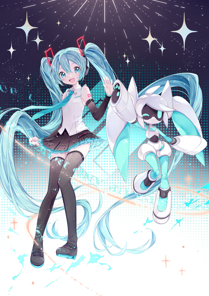 #compass 2girls absurdly_long_hair absurdres aqua_eyes aqua_hair aqua_nails aqua_neckwear bare_shoulders black_legwear black_skirt black_sleeves commentary crossover detached_sleeves full_body gradient gradient_background hair_ornament halftone halftone_background hands_up hatsune_miku hatsune_miku_(vocaloid4) headphones headset highres layered_skirt long_hair looking_at_viewer miniskirt multiple_girls nail_polish necktie night night_sky nishina_hima one_eye_closed open_mouth pleated_skirt robot shirt shoulder_tattoo skirt sky sleeveless sleeveless_shirt smile star_(sky) starry_sky tattoo thigh-highs twintails v4x very_long_hair vocaloid voidoll white_hair white_shirt zettai_ryouiki