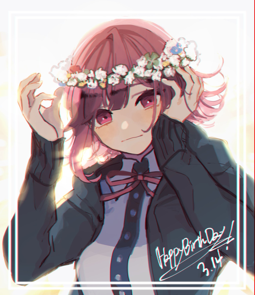 1girl arms_up bangs black_hoodie breasts commentary_request dangan_ronpa eyebrows_behind_hair flipped_hair flower frame hair_flower hair_ornament hand_in_hair happy_birthday head_wreath highres hood hoodie large_breasts lei long_sleeves looking_at_viewer nanami_chiaki neck_ribbon no_nose number pink_eyes pink_hair pink_ribbon red_ribbon ribbon sdr_roll0808 shirt short_hair simple_background solo super_dangan_ronpa_2 upper_body white_background white_shirt