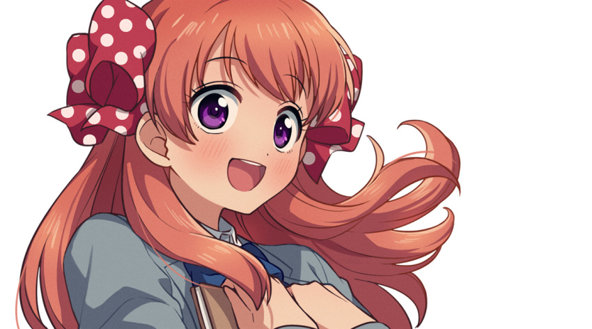 1girl :d bangs blue_bow blush book bow bowtie collared_shirt dot_nose eyebrows_visible_through_hair gekkan_shoujo_nozaki-kun grey_jacket hair_bow happy holding holding_book jacket long_hair looking_at_viewer open_mouth orange_hair polka_dot polka_dot_bow rouman_academy_uniform sakura_chiyo sayshownen school_uniform shirt simple_background smile solo upper_body violet_eyes white_background white_shirt