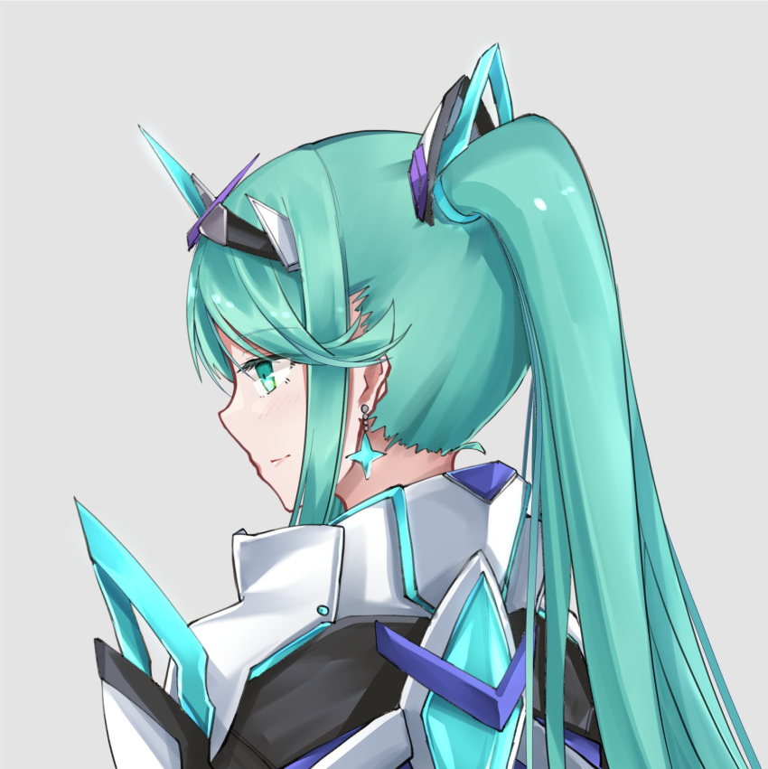 1girl armor bangs earrings from_behind green_eyes green_hair grey_background highres jewelry long_hair long_ponytail pneuma_(xenoblade) ponytail portrait sarasadou_dan simple_background swept_bangs tiara very_long_hair xenoblade_chronicles_(series) xenoblade_chronicles_2