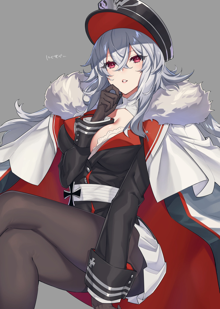 1girl absurdres arm_between_breasts azur_lane bangs between_breasts black_headwear black_jacket breasts brown_gloves brown_legwear crossed_bangs crossed_legs eyelashes eyes_visible_through_hair fur_trim gloves graf_zeppelin_(azur_lane) grey_background grey_hair hand_on_own_chin hat highres invisible_chair iron_cross jacket jacket_on_shoulders large_breasts long_sleeves medium_hair pantyhose parted_lips peaked_cap pink_lips pleated_skirt red_eyes sash simple_background sitting skirt solo westxost_(68monkey) white_jacket white_sash white_skirt