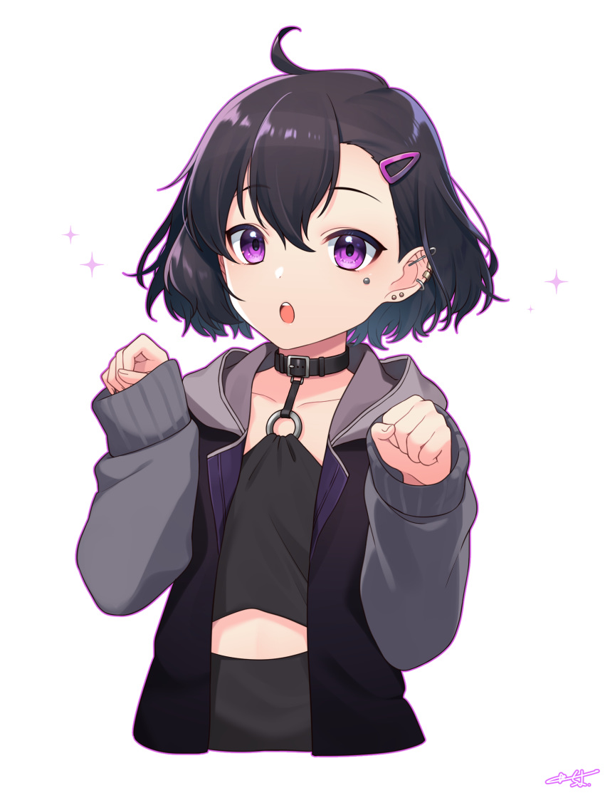 1boy :o ahoge bangs black_collar black_hair black_jacket black_shirt collar collarbone commentary_request cropped_torso ear_piercing earrings eyebrows_visible_through_hair hair_between_eyes hair_ornament hairclip hands_up highres indie_virtual_youtuber jacket jewelry long_sleeves looking_at_viewer o-ring o-ring_top ooedo_yuu open_clothes open_jacket otoko_no_ko outline paw_pose piercing purple_outline sakura_chiyo_(konachi000) shirt signature simple_background sleeves_past_wrists solo sparkle stud_earrings upper_body upper_teeth violet_eyes virtual_youtuber white_background