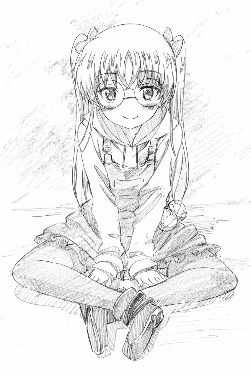 1girl ankle_boots bangs boots closed_mouth drawstring eyebrows_visible_through_hair girls_und_panzer girls_und_panzer_senshadou_daisakusen! glasses graphite_(medium) greyscale hair_ribbon highres hood hood_down hoodie indian_style long_hair long_sleeves looking_at_viewer monochrome oono_aya overall_skirt pink_x ribbon round_eyewear shirt sitting sketch smile solo thigh-highs traditional_media twintails v_arms