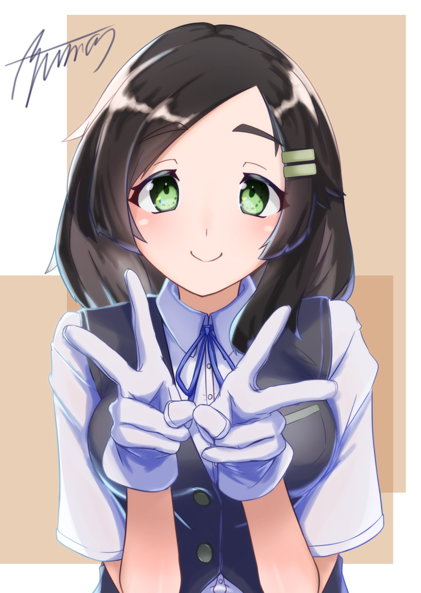 1girl ayuman black_gloves black_hair black_vest blue_ribbon commentary_request double_v gloves green_eyes hair_ornament hairclip highres kantai_collection kuroshio_(kantai_collection) neck_ribbon ribbon school_uniform shirt short_hair short_sleeves signature smile solo upper_body v vest white_shirt