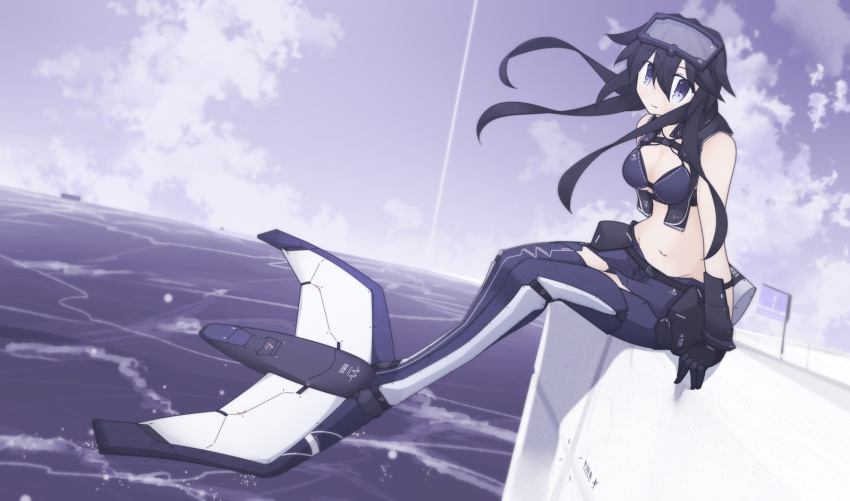 1girl bikini bikini_under_clothes black_gloves black_hair blue_eyes clouds cloudy_sky commentary_request diving_mask_on_head eyebrows_visible_through_hair full_body gloves highres ibis1 monofin nagika_umino_(ibis1) ocean original sitting sky solo swimsuit wetsuit