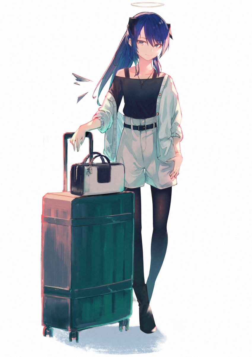 1girl arknights artist_request bag bare_shoulders black_legwear blue_hair boots demon_girl demon_horns detached_wings energy_wings fallen_angel halo highres horns long_hair looking_at_viewer luggage mostima_(arknights) rolling_suitcase simple_background smile suitcase white_background wings