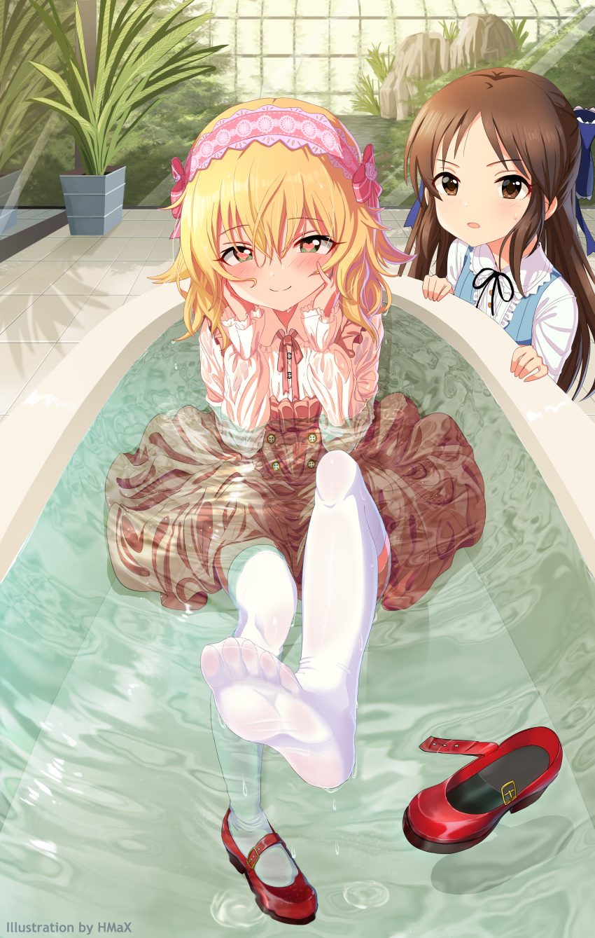 2girls absurdres bathtub blonde_hair blue_vest bow brown_eyes brown_hair commentary_request frilled_hairband frilled_shirt_collar frills green_eyes hair_bow hairband half_updo highres hmax idolmaster idolmaster_cinderella_girls indoors lolita_hairband long_hair long_sleeves looking_at_viewer mary_janes medium_hair multiple_girls neck_ribbon pink_hairband plant red_footwear ribbon sakurai_momoka see-through shirt shoes tachibana_arisu thigh-highs toes vest water wavy_hair wet wet_clothes white_legwear white_shirt zettai_ryouiki