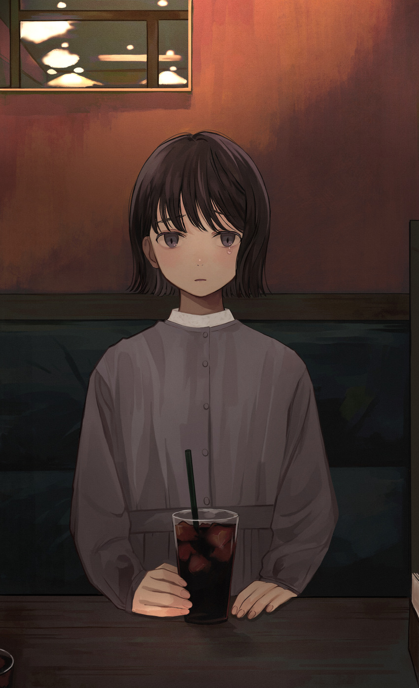 1girl absurdres bangs brown_hair commentary_request cup drinking_glass drinking_straw grey_eyes highres huge_filesize ice ice_cube looking_at_viewer maoyasumisumi original parted_lips restaurant short_hair sleeves_past_wrists solo tears