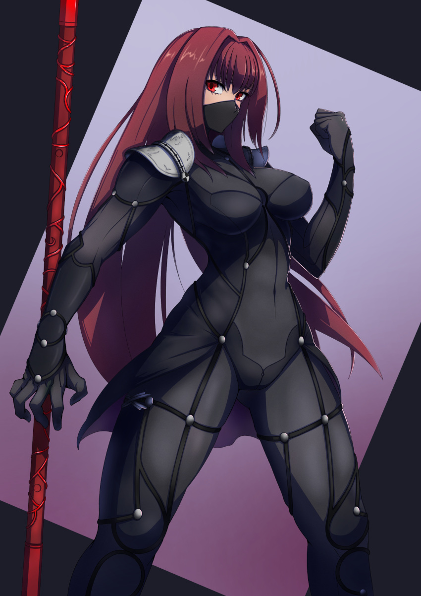 1girl bangs bodysuit breasts commentary_request fate/grand_order fate_(series) gae_bolg highres iwainari large_breasts long_hair looking_at_viewer mask mouth_mask ninja_mask polearm purple_hair red_eyes scathach_(fate)_(all) scathach_(fate/grand_order) shiny shiny_hair sidelocks solo very_long_hair weapon