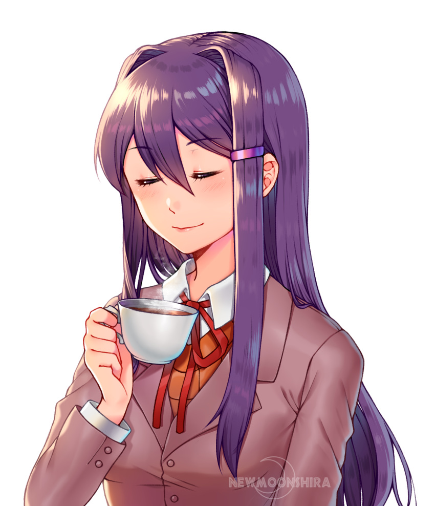 1girl artist_name bangs closed_eyes commentary commission cup doki_doki_literature_club english_commentary eyebrows_visible_through_hair grey_jacket hair_between_eyes hair_ornament hairclip highres jacket long_hair long_sleeves neck_ribbon newmoonshira purple_hair red_ribbon ribbon school_uniform sidelocks simple_background smile solo steam teacup upper_body white_background wing_collar yuri_(doki_doki_literature_club)