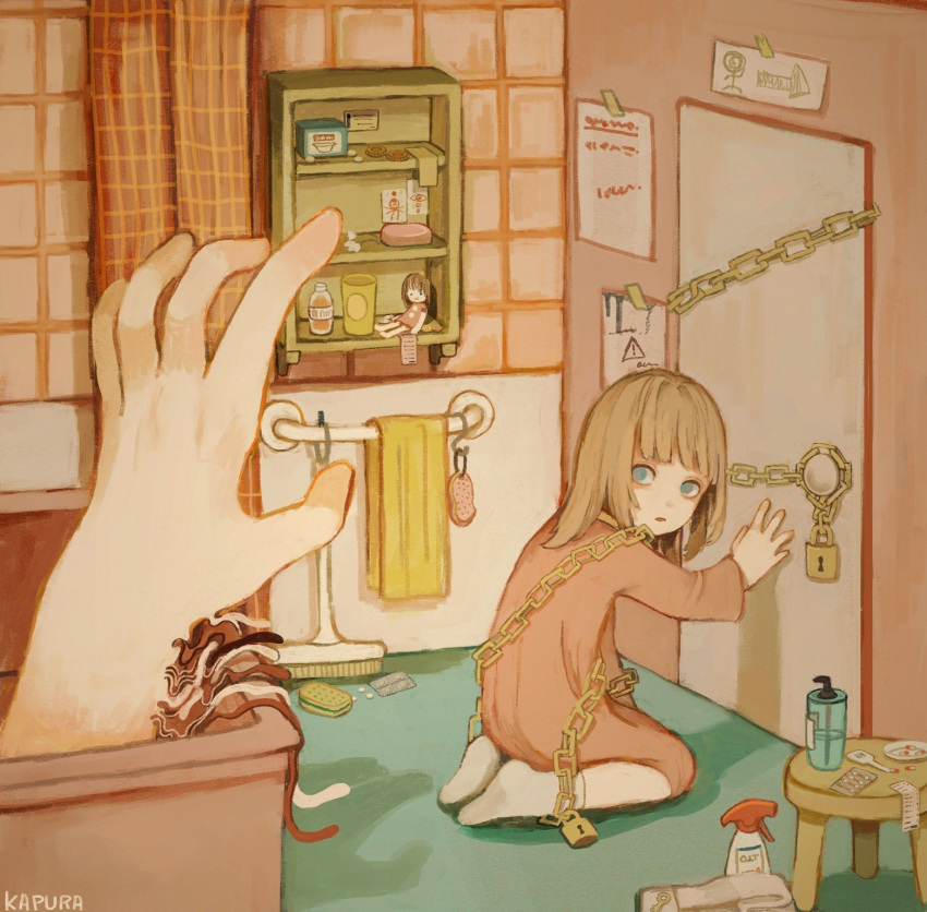 1girl bangs bottle brown_hair chain coin cup curtains doll door dress drugs flower hands highres kapura lock long_hair long_sleeves original pill pink_dress shadow shelf signature solo spray_bottle stool towel white_flower