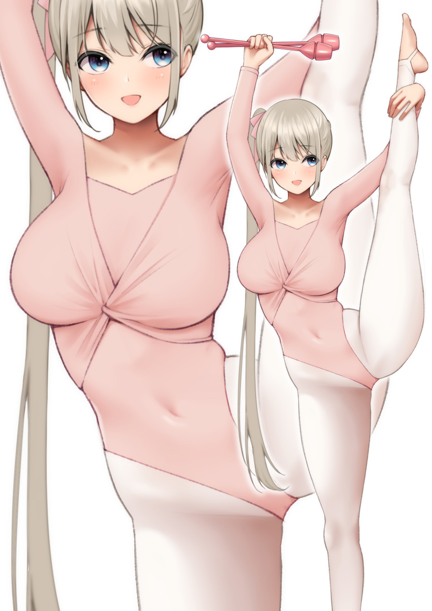 1girl :d absurdres arms_up bangs blue_eyes blush breasts collarbone covered_navel eyebrows_visible_through_hair hair_ribbon highleg highleg_leotard highres holding large_breasts leg_up leotard long_hair long_sleeves looking_away looking_to_the_side open_mouth original pantyhose pink_leotard pink_ribbon ribbon side_ponytail silver_hair simple_background smile solo split standing standing_on_one_leg standing_split stirrup_legwear toeless_legwear very_long_hair white_legwear yuzuri_ai zoom_layer