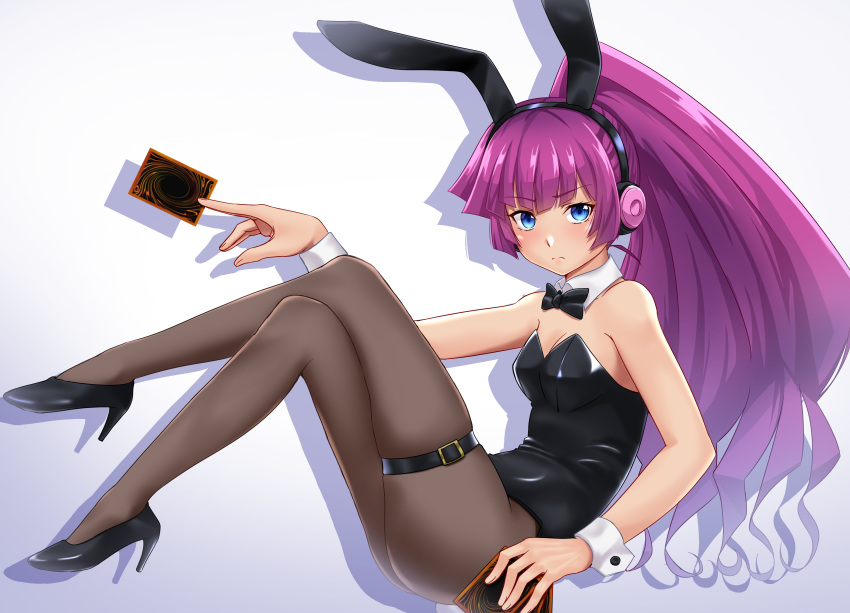 1girl absurdres animal_ears black_footwear black_legwear black_leotard black_neckwear blue_eyes bow bowtie breasts card commentary_request detached_collar fake_animal_ears headphones high_heels highres holding holding_card kirishima_romin leg_belt leotard long_hair looking_at_viewer muto_dt pantyhose playboy_bunny purple_hair rabbit_ears simple_background small_breasts solo strapless strapless_leotard white_background wrist_cuffs yu-gi-oh! yu-gi-oh!_sevens