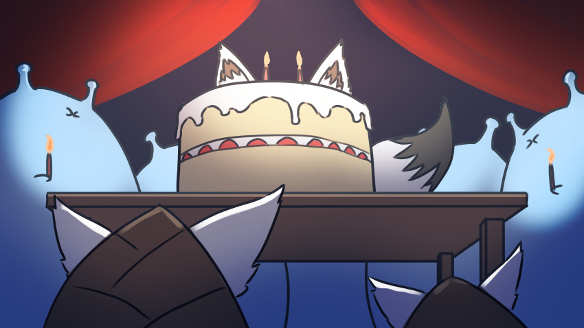 absurdres animal_ears cake commentary_request curtains food fox_ears fox_tail highres holding_candle hololive namako_(namacotan) no_humans oruyanke_(shirakami_fubuki) slug table tail