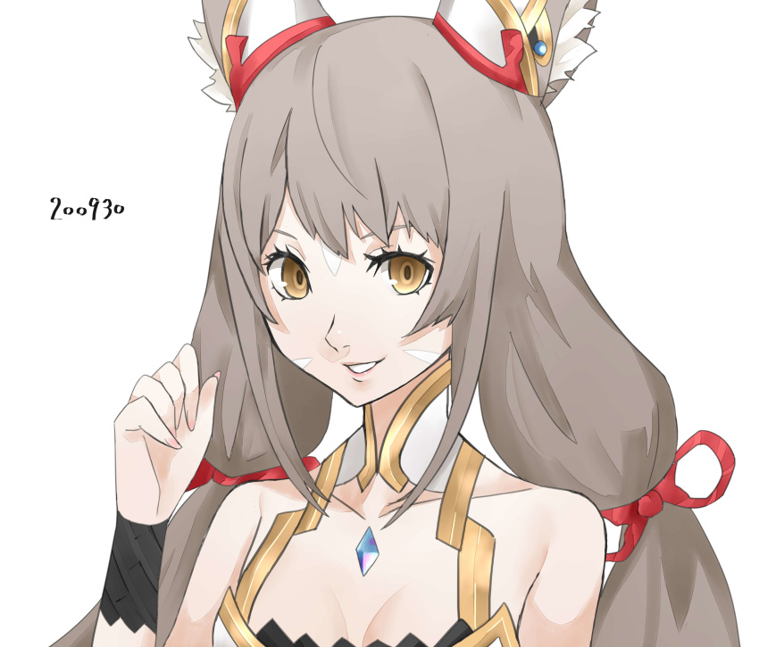 1girl absurdres animal_ears bare_shoulders breasts chest_jewel facial_mark grin highres long_hair looking_at_viewer low_twintails miaxkr nia_(blade)_(xenoblade) nia_(xenoblade) portrait silver_hair simple_background small_breasts smile solo twintails white_background xenoblade_chronicles_(series) xenoblade_chronicles_2 yellow_eyes