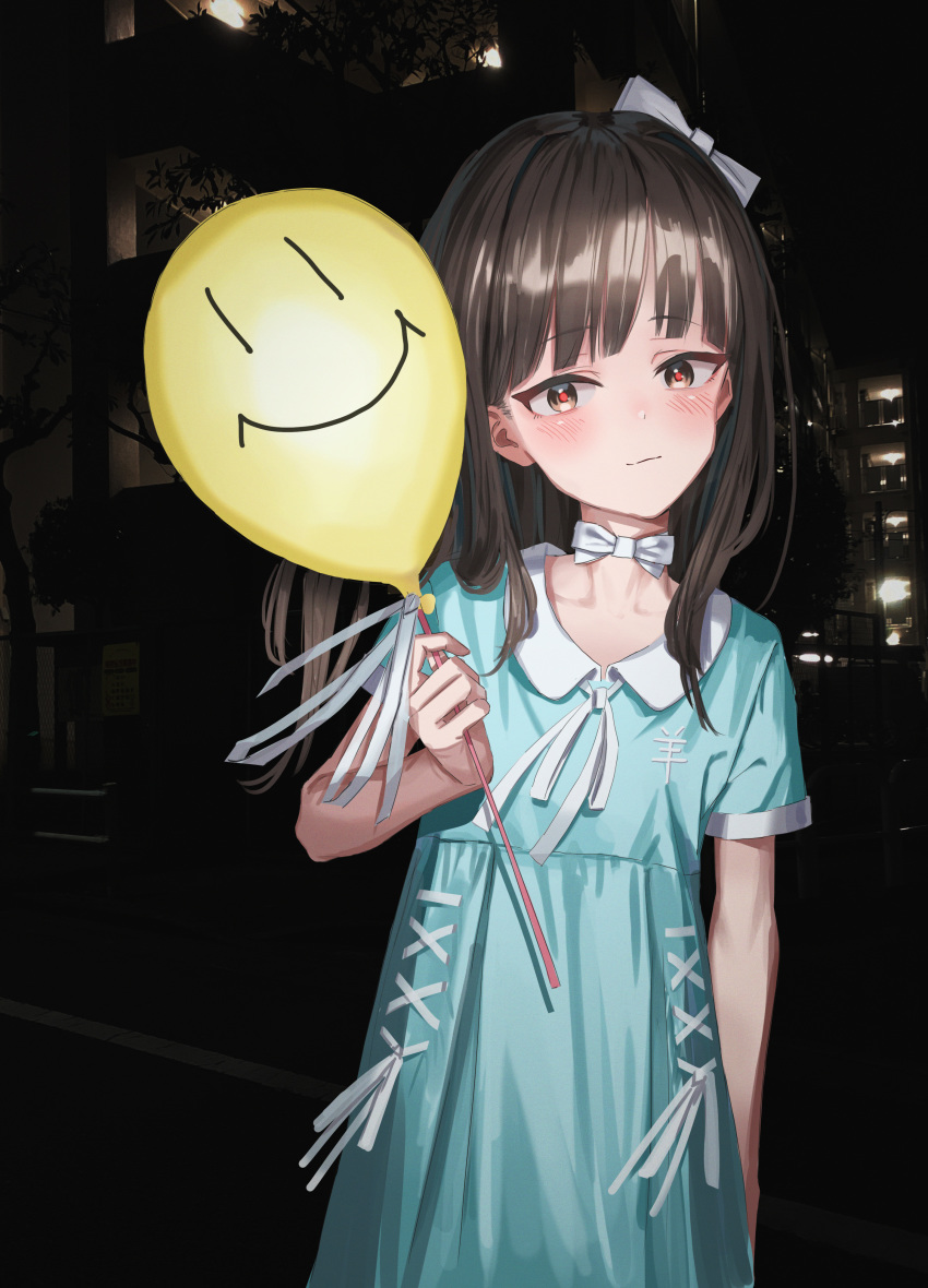 1girl absurdres balloon blue_dress blush bow bowtie brown_eyes brown_hair closed_mouth cowboy_shot dress hair_bow highres holding holding_balloon looking_at_viewer nadegata night original outdoors red_pupils ribbon short_sleeves smile solo white_bow white_ribbon