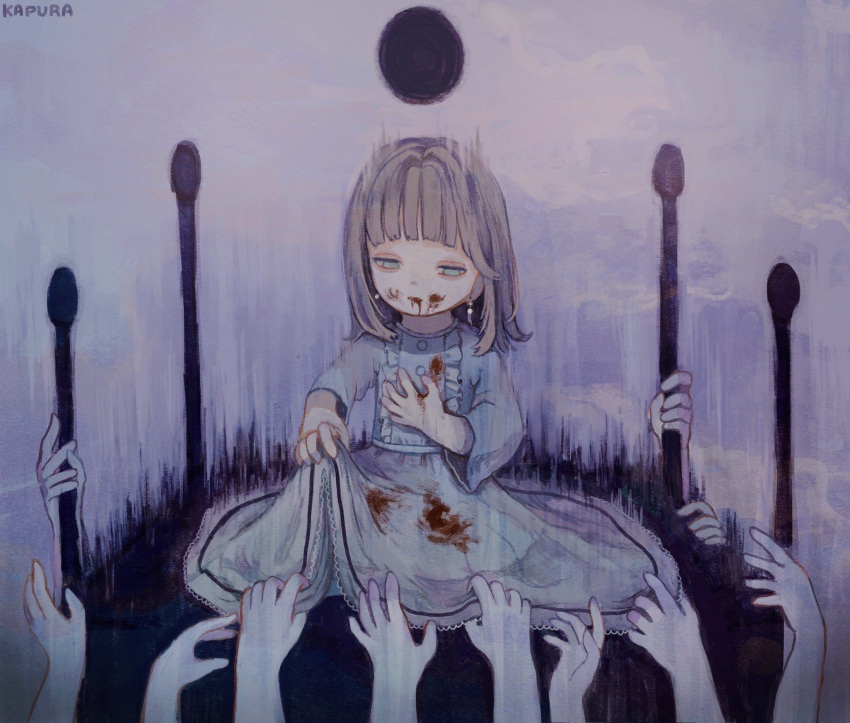1girl blood blood_on_face blue_dress dress earrings grey_eyes hand_on_own_chest hands highres jewelry kapura long_sleeves original redraw signature solo