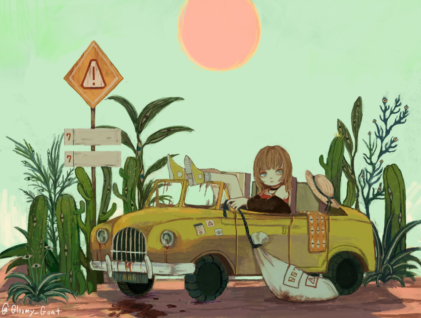 1girl bag bangs brown_hair cactus car choker english_commentary expressionless green_sky ground_vehicle hat highres jewelry kapura long_hair motor_vehicle necklace off_shoulder original red_sun shoes sign sitting solo twitter_username wide_shot yellow_footwear