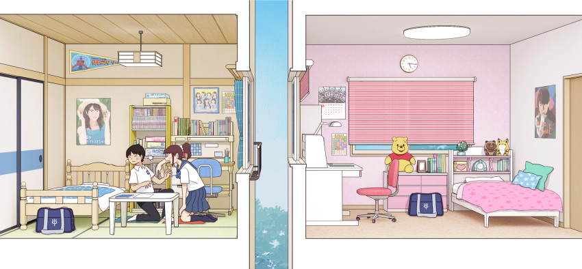 1boy 1girl bag bed black_hair brown_hair calendar_(object) chair clock closed_eyes cross-section desk highres indoors kiyo_(kyokyo1220) kneeling office_chair one_knee original ponytail pooh poster_(object) school_bag school_uniform serafuku slapping table tatami winnie_the_pooh