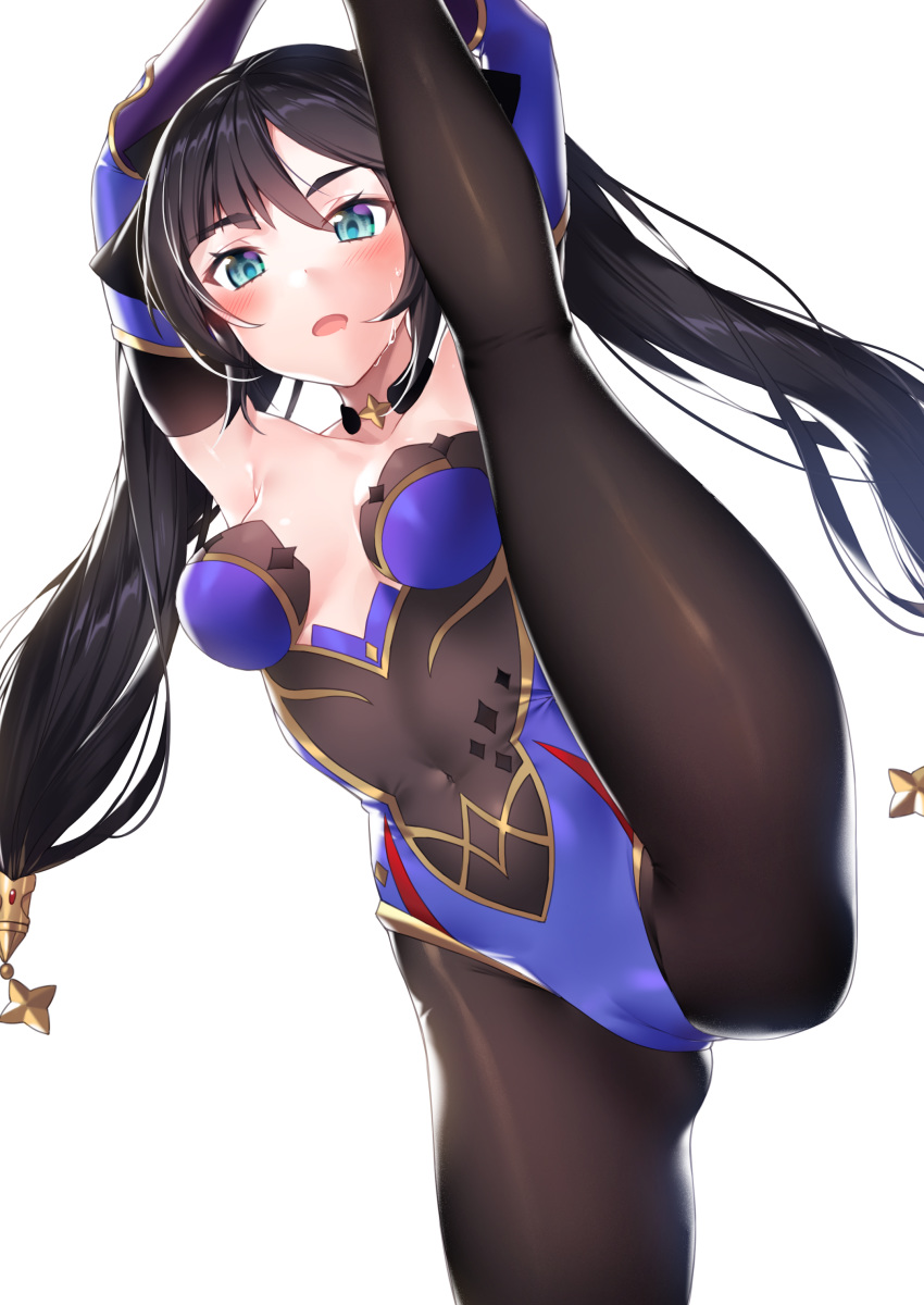 1girl absurdres bangs black_hair blue_eyes blush bodysuit breasts choker covered_navel eyebrows_visible_through_hair flexible genshin_impact highres ia_(ias1010) leg_lift leg_up leotard long_hair looking_at_viewer open_mouth sidelocks simple_background solo split standing standing_on_one_leg standing_split sweat thighs twintails