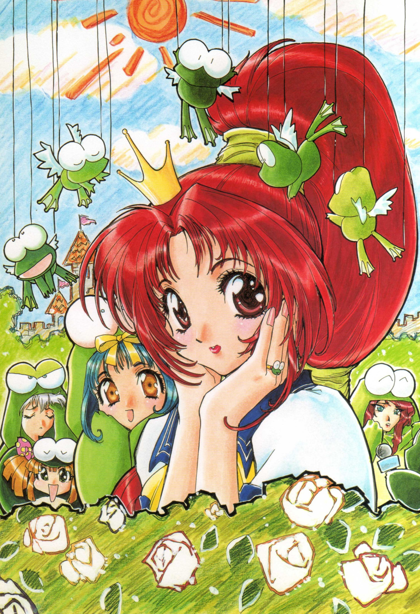 1990s_(style) 5girls absurdres animal_costume asuka_120_percent blue_hair blue_sailor_collar blush bow brown_eyes brown_hair crown day embarrassed flower frog frog_costume graphite_(medium) hands_on_own_cheeks hands_on_own_face high_ponytail highres honda_asuka houjou_torami ishida_atsuko jewelry long_hair microphone multiple_girls official_art outdoors ponytail puppet_strings red_eyes redhead ring rose sailor_collar scan school_uniform serafuku shindou_tamaki short_hair smile sun suzuki_megumi toyota_karina traditional_media white_flower white_hair white_rose yellow_bow