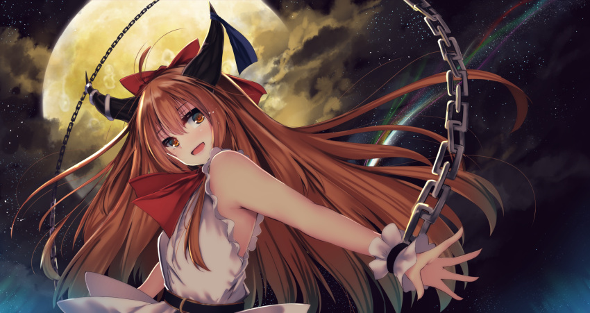 1girl armpit_peek bare_arms belt bow chain clouds comet commentary_request full_moon hair_between_eyes hair_bow head_tilt highres horn_ornament horn_ribbon horns ibuki_suika long_hair looking_at_viewer mikagemaru_(mikage000) moon neck_ribbon night night_sky open_mouth orange_eyes orange_hair outdoors outstretched_hand red_neckwear ribbon shirt sky sleeveless sleeveless_shirt solo standing star_(sky) starry_sky touhou upper_body very_long_hair white_shirt wrist_cuffs