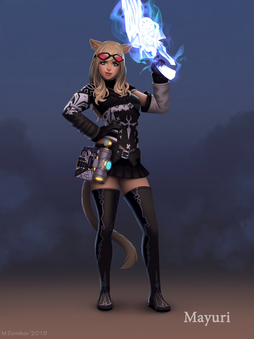 1girl animal_ears bangs black_footwear black_gloves blonde_hair blue_eyes boots cat_ears cat_tail commission detached_sleeves final_fantasy final_fantasy_xiv full_body gloves goggles goggles_on_head gun hand_on_hip highres holding holding_gun holding_weapon lips long_hair looking_at_viewer machinist_(final_fantasy) maxim_domikov miqo'te skirt smile solo standing tail thigh-highs thigh_boots weapon