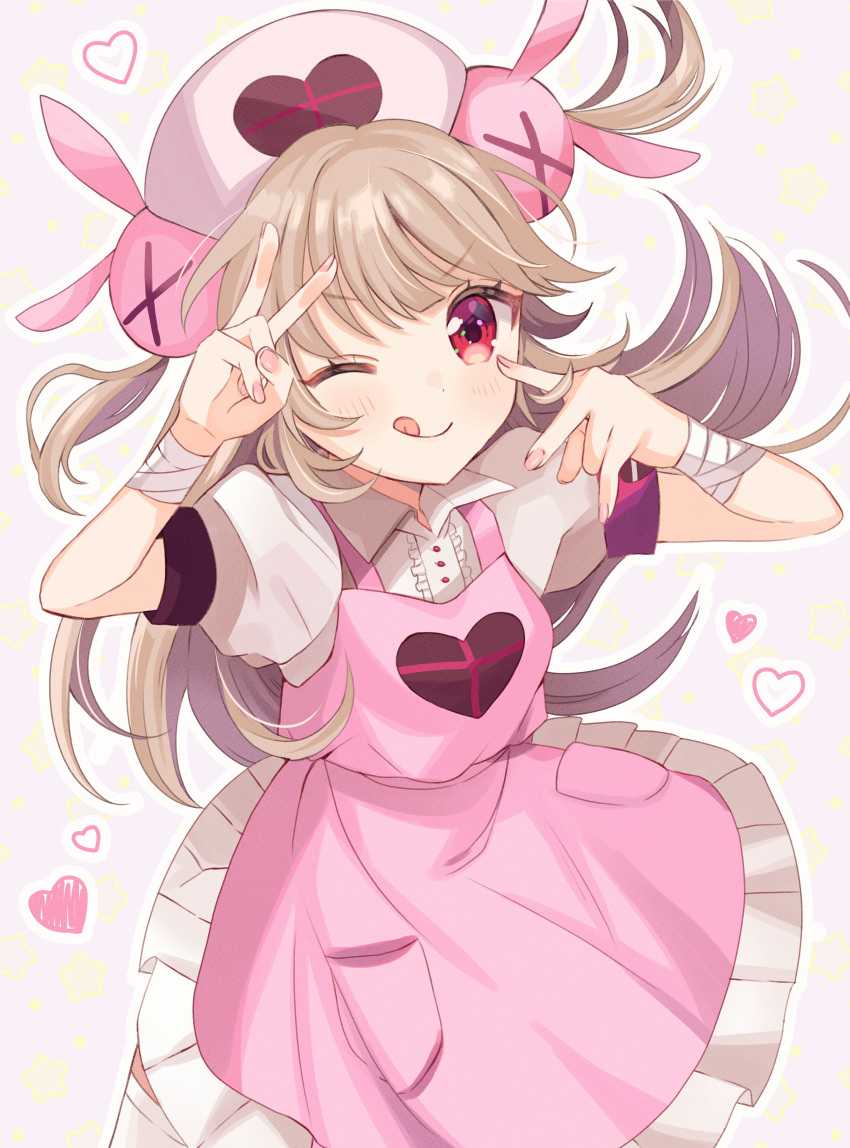 1girl absurdres apron bandages bangs blush bunny_hair_ornament center_frills double_v eyebrows_visible_through_hair frills hair_ornament hat heart highres hutaba_haru long_hair looking_at_viewer natori_sana nurse_cap one_eye_closed pink_apron pink_headwear puffy_short_sleeves puffy_sleeves red_eyes sana_channel short_sleeves solo tongue tongue_out two_side_up v virtual_youtuber