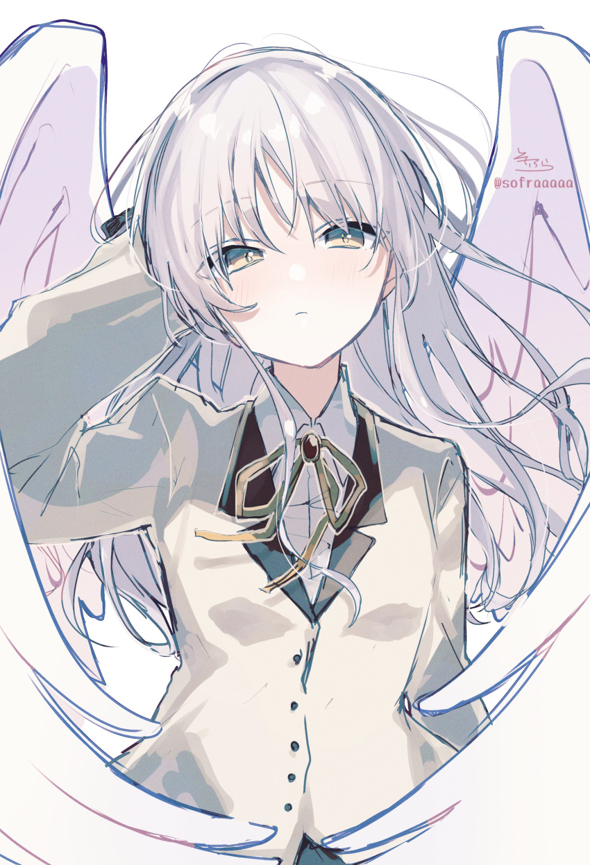 1girl absurdres angel_beats! arm_up bangs blazer blush brooch brown_eyes brown_ribbon closed_mouth collared_shirt commentary_request dress_shirt eyebrows_visible_through_hair feathered_wings grey_jacket hair_between_eyes hand_behind_head highres jacket jewelry looking_at_viewer neck_ribbon ribbon shirt signature silver_hair simple_background sofra solo tachibana_kanade twitter_username upper_body white_background white_shirt white_wings wings