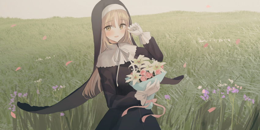1girl :d absurdres bangs black_dress blush bouquet brown_eyes brown_hair chihuri commentary_request day dress eyebrows_visible_through_hair field flower gloves habit hair_between_eyes hand_up highres holding holding_bouquet long_hair long_sleeves looking_at_viewer nijisanji nun open_mouth outdoors pink_flower pink_rose purple_flower rose sister_cleaire smile solo standing very_long_hair virtual_youtuber white_flower white_gloves