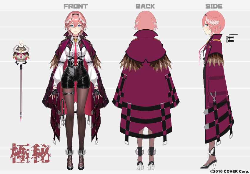 1girl bangs bird black_choker black_footwear black_gloves black_shorts blue_eyes blush brown_legwear character_sheet choker closed_mouth coat coat_on_shoulders collared_shirt commentary_request feathers fingerless_gloves full_body gloves hair_between_eyes head_wings high-waist_shorts high_heels highres hololive kakage long_sleeves looking_at_viewer multiple_views necktie official_art pantyhose pink_hair puffy_long_sleeves puffy_sleeves red_coat red_necktie shirt short_hair shorts standing takane_lui thigh_strap white_shirt