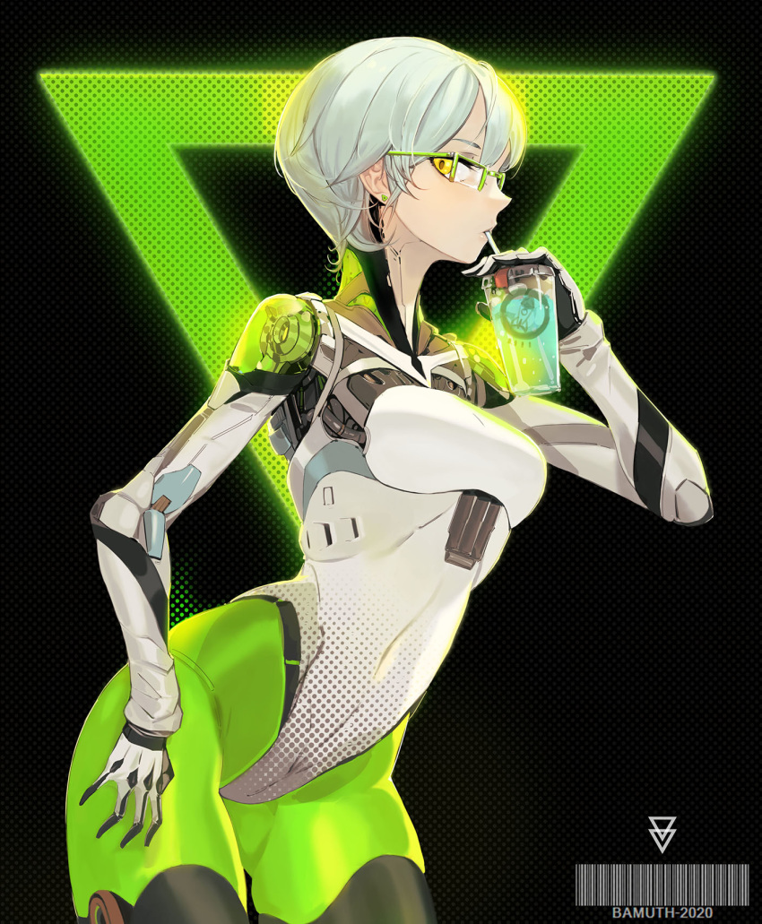 1girl android bamuth bangs barcode black_background black_legwear breasts cowboy_shot cup disposable_cup drink drinking drinking_straw drinking_straw_in_mouth earrings glowing green_skin green_theme hand_up highres holding holding_cup jewelry joints leaning_forward leotard looking_at_viewer mouth_hold multicolored multicolored_skin navel original robot_joints short_hair sideways_glance silver_hair solo thigh-highs transparent triangle yellow_eyes