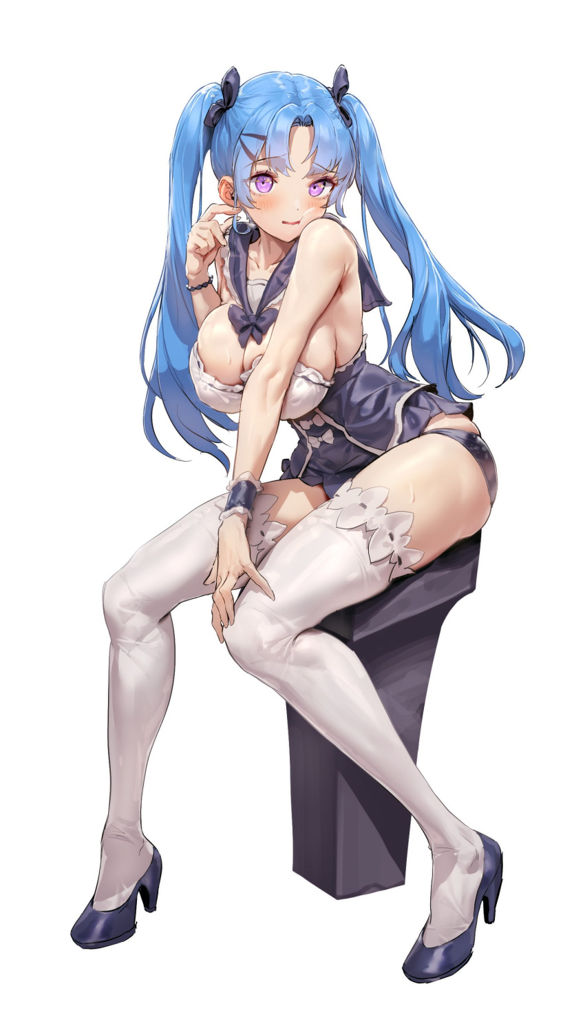 1girl absurdres blue_hair breasts cuffs full_body handcuffs high_heels highres large_breasts long_hair muloli original panties sailor_collar simple_background thigh-highs twintails underwear violet_eyes