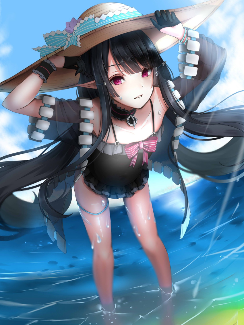 1girl 351_rane anette_(pso2) bent_over black_hair casual_one-piece_swimsuit hat highres legs long_hair looking_at_viewer ocean one-piece_swimsuit phantasy_star phantasy_star_online_2 pink_eyes pointy_ears see-through sidelocks solo standing swimsuit swimsuit_under_clothes thighs