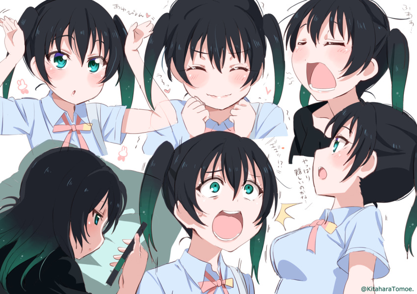 1girl bangs black_hair breasts cellphone closed_eyes commentary_request green_eyes green_hair hair_down kitahara_tomoe_(kitahara_koubou) long_hair love_live! love_live!_nijigasaki_high_school_idol_club love_live!_school_idol_festival_all_stars love_live!_school_idol_project medium_breasts multicolored_hair multiple_views nijigasaki_academy_uniform parody phone pillow scared short_sleeves smartphone sonoda_umi takasaki_yuu twintails twitter_username two-tone_hair yawning