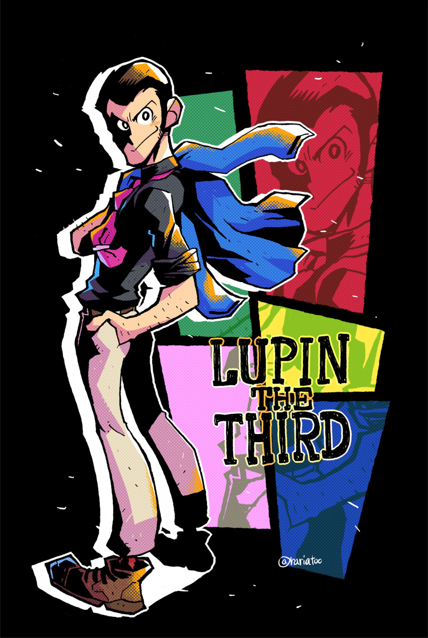 1boy absurdres arsene_lupin_iii beltb black_background black_shirt blue_jacket bright_pupils brown_footwear brown_hair character_name closed_mouth collared_shirt copyright_name from_behind highres holding holding_clothes holding_jacket jacket jacket_on_shoulders jacket_removed looking_at_viewer looking_back lupin_iii male_focus necktie pants pink_neckwear rariatto_(ganguri) rown_belt sanpaku shirt shoes sleeves_pushed_up smile solo twitter_username white_pants white_pupils wing_collar zoom_layer