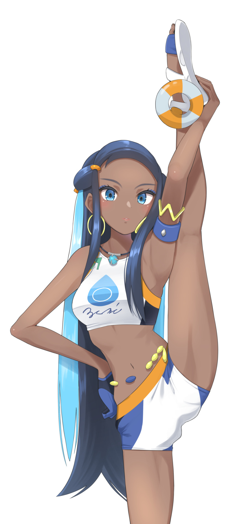 1girl absurdres arm_up armlet belly_chain bike_shorts blue_eyes blue_eyeshadow blush commentary_request dark_skin earrings eyelashes eyeshadow gloves gym_leader hand_on_hip highres hoop_earrings jewelry long_hair looking_at_viewer makeup multicolored_hair navel necklace nessa_(pokemon) otyaduke parted_lips pokemon pokemon_(game) pokemon_swsh sandals simple_background single_glove solo split standing standing_on_one_leg standing_split toes two-tone_hair white_background