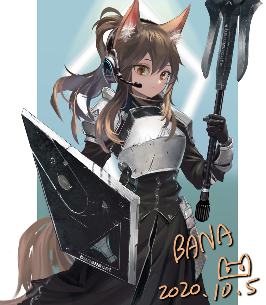 1girl animal_ear_fluff animal_ears arknights armor bangs black_gloves black_jacket black_skirt blue_background bracer breastplate brown_eyes brown_hair chinese_commentary commentary_request cowboy_shot dated gloves gradient gradient_background hair_between_eyes headphones headset highres holding holding_weapon jacket jiao_cat long_hair looking_at_viewer nearl_(arknights) pauldrons shield shoulder_armor sidelocks skirt skirt_set solo standing weapon