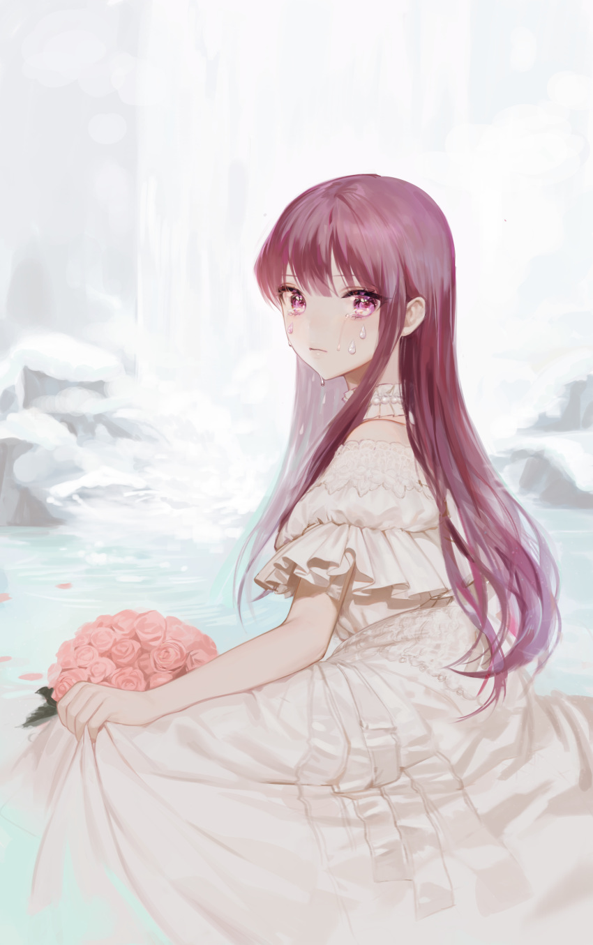 1girl absurdres bouquet closed_mouth crying crying_with_eyes_open dress flower from_side highres long_hair looking_at_viewer looking_to_the_side original oyabuli pink_flower pink_rose red_eyes redhead rock rose short_sleeves sitting solo tears water waterfall white_dress