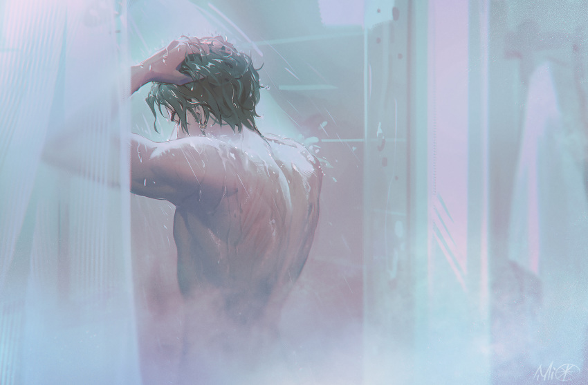1boy alzi_xiaomi bathing bathroom blurry claude_von_riegan closed_eyes completely_nude covered_mouth depth_of_field fire_emblem fire_emblem:_three_houses from_behind hands_in_hair hands_on_own_head hands_up highres indoors injury male_focus nude shower_(place) shower_curtain showering solo steam upper_body washing_hair wet wet_hair